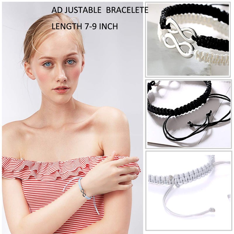 RINHOO 2PC/Set Stainless Steel 8 Infinity Couple Bracelet Braided Leather Rope Bangle Wrist Adjustable Chain Fit 7-9 Inch for Lover Friendship (2pc (black+white)) - Image 5
